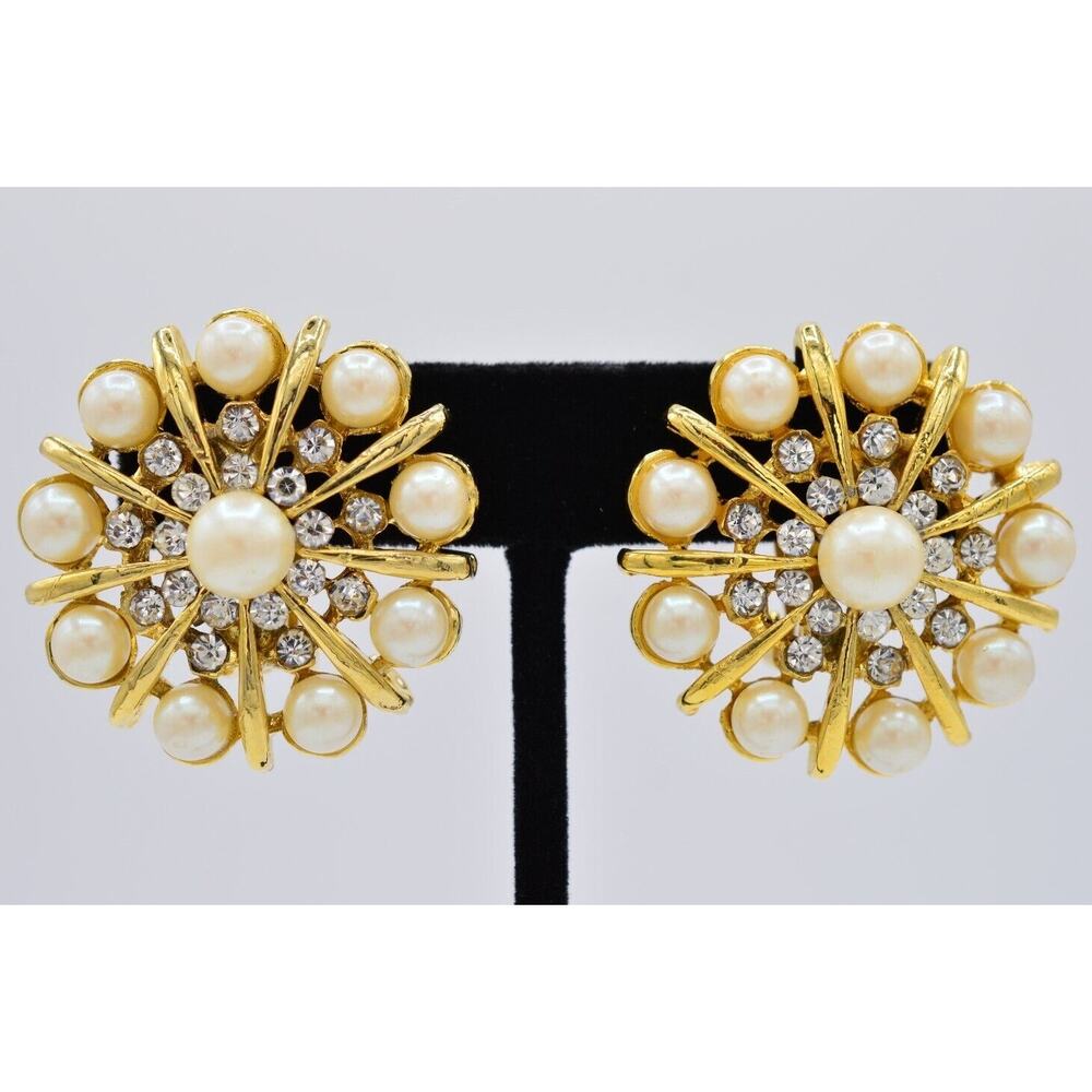 Vintage Crystal Clip Earrings Pearl Gold Rhinestone Starburst Chunky 1980s BinAE
